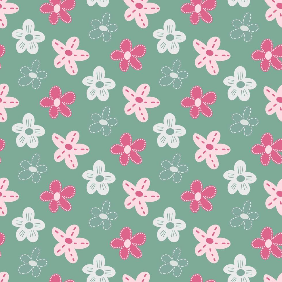 floral seamless pattern design with hand drawn simple flower daisy doodle. Cute childish ditsy vector background.