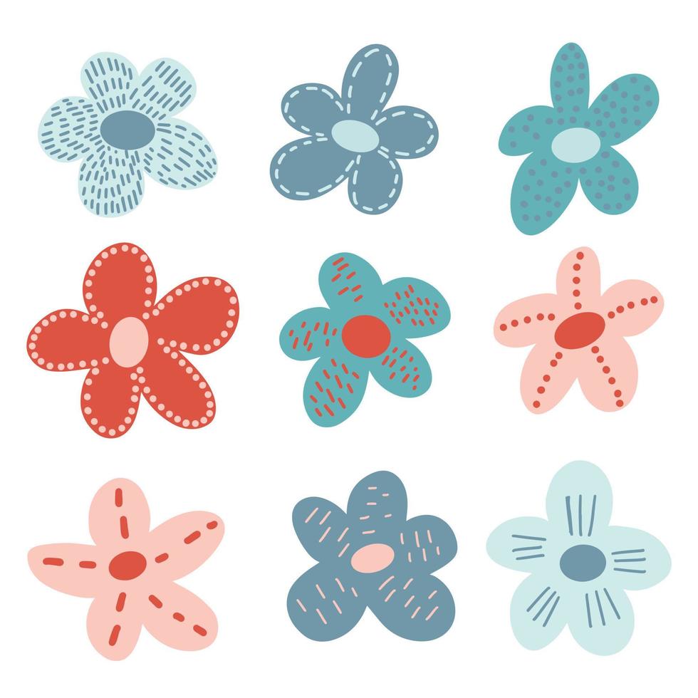 Cute simple hand drawn flower fantasy doodles decorated with lines and dots. Floral clip art in simple childish Scandinavian style. Bright summer abstracrt flowers design elements. Limited palette vector