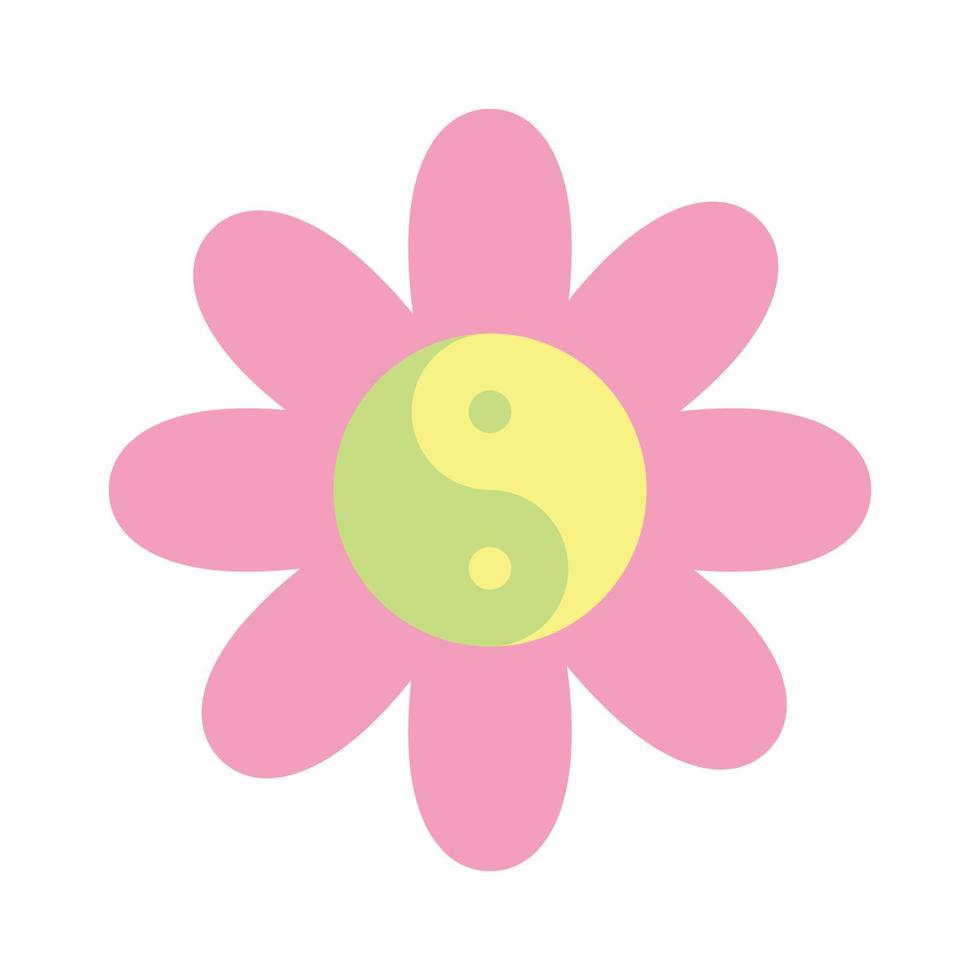 Flower with yin yang symbol in pastel pink yellow green color. Vector illustration isolated on white background. Cute y2k clip art, design element.