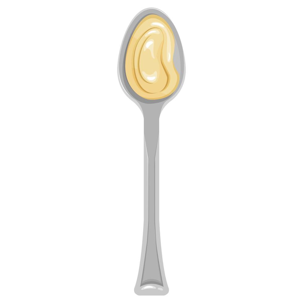 Cartoon silver spoon with mayonnaise, cream or cheese cream top view. Vector clipart isolated on a white background for a banners, apps with kitchen theme, menu and more.