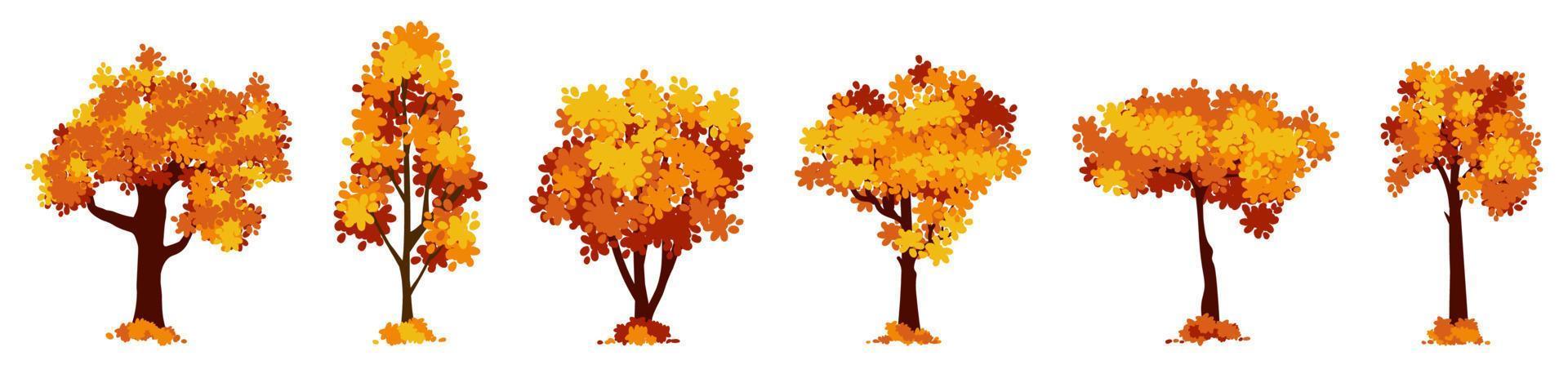 Set of cartoon autumn tree isolated on a white background. Vector element for fall landscape, autumn cards, kids books.