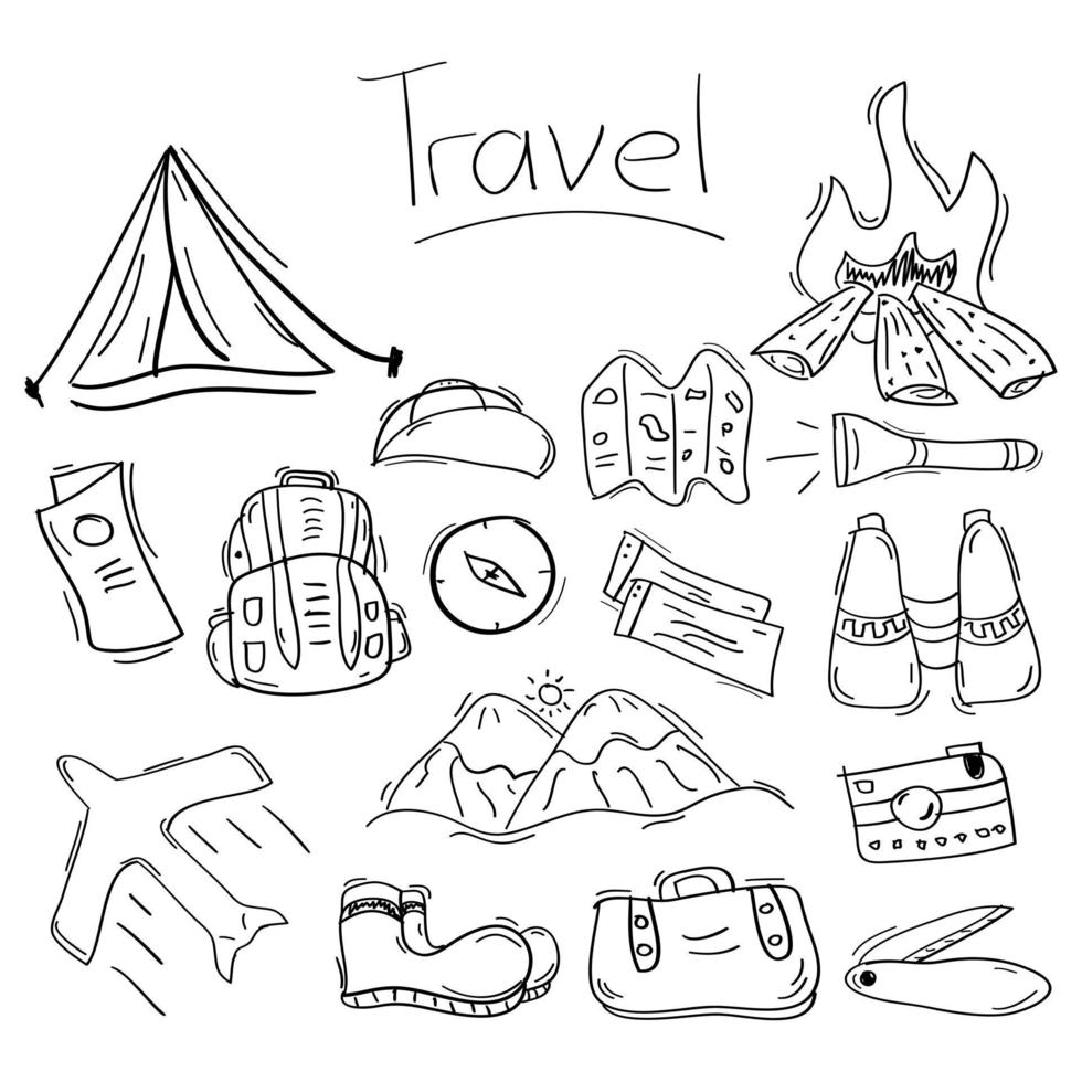 Set of hand drawn travel doodle vector