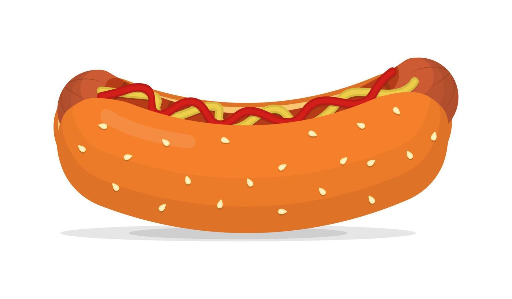 Classic hot dog with sausage, ketchup and mustard flat illustration vector