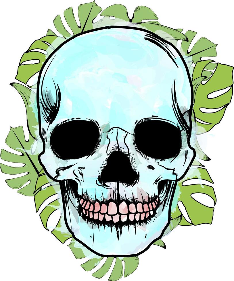 skull with tropical leafs vector