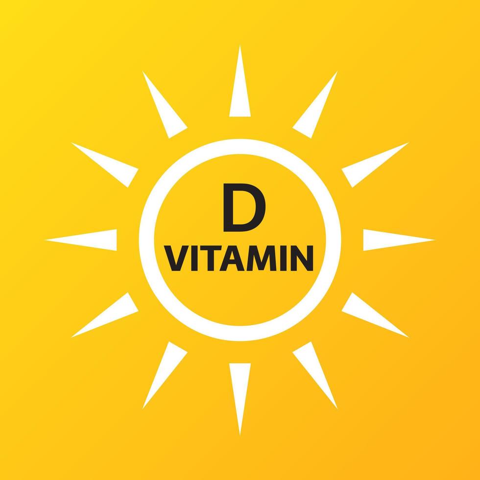 Vitamin D icon with simple sun on yellow background. Vector illustration of nutrition sign