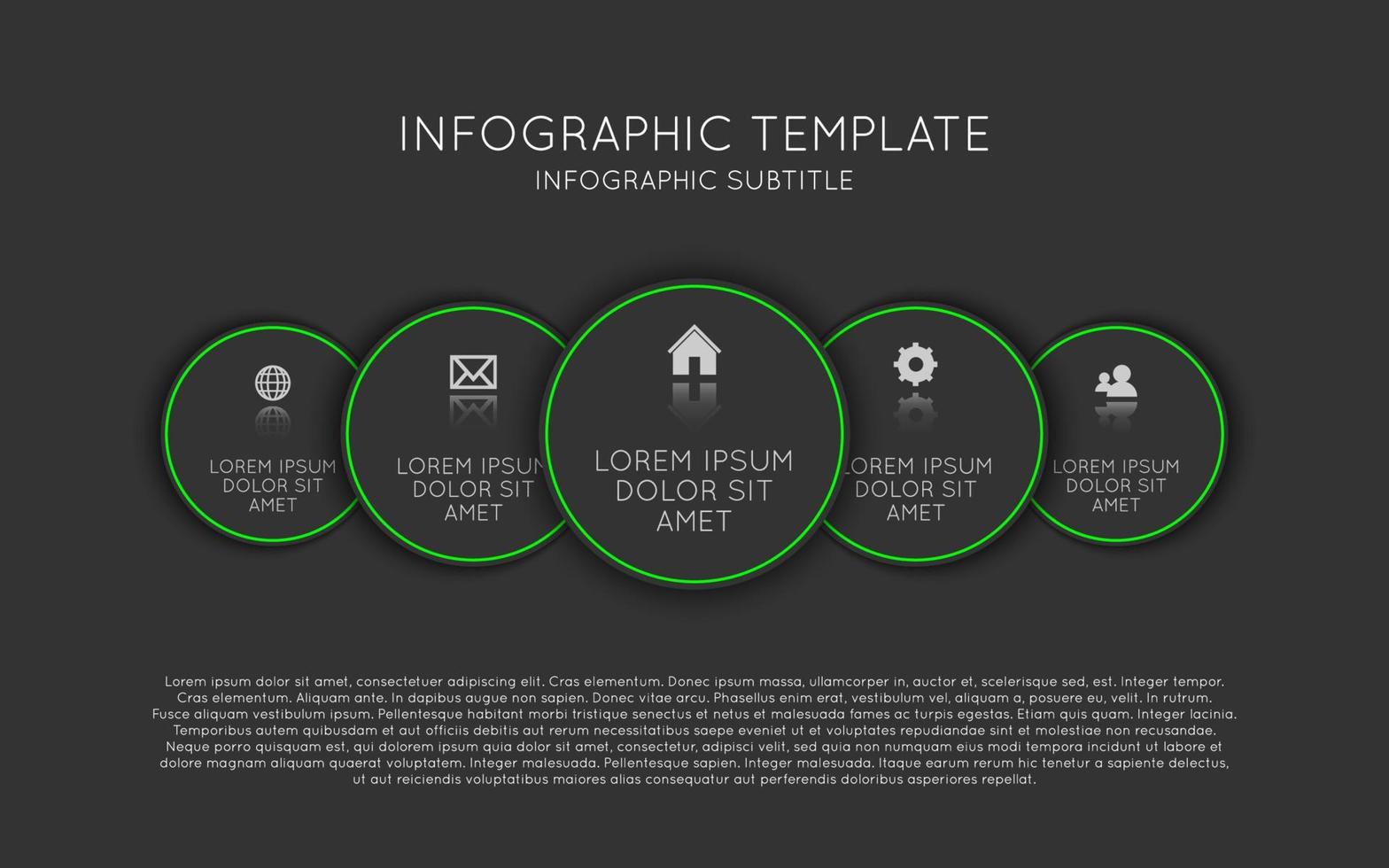 Vector infographic template with five dark circles with icons and descriptions. Modern process scheme on black background