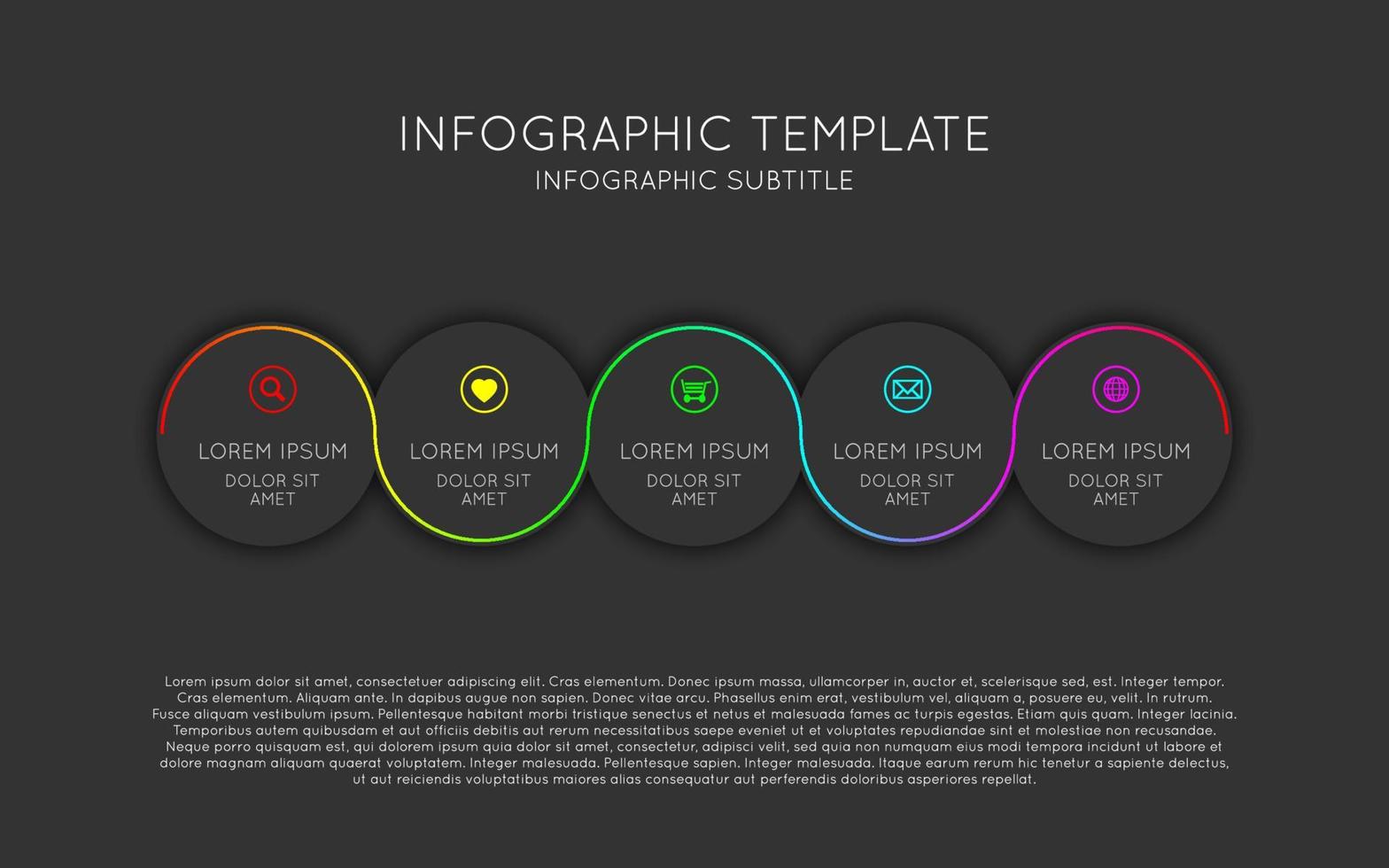 Vector infographic template with five dark circles with twisted coloured line and icons. Modern process scheme on black background