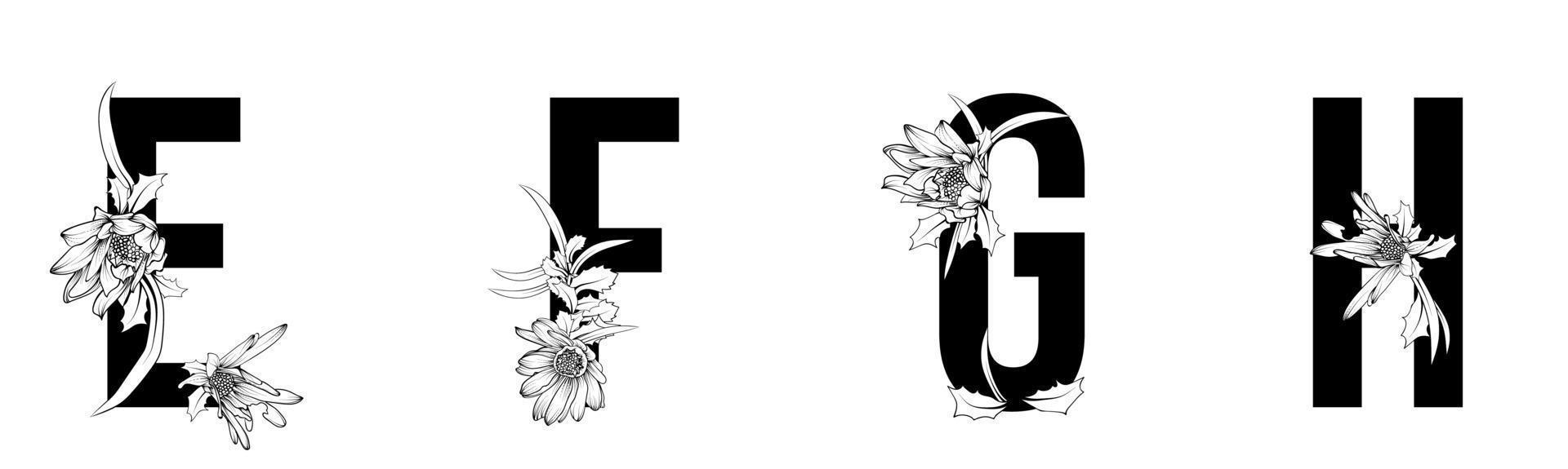 letras florales en blanco y negro vector