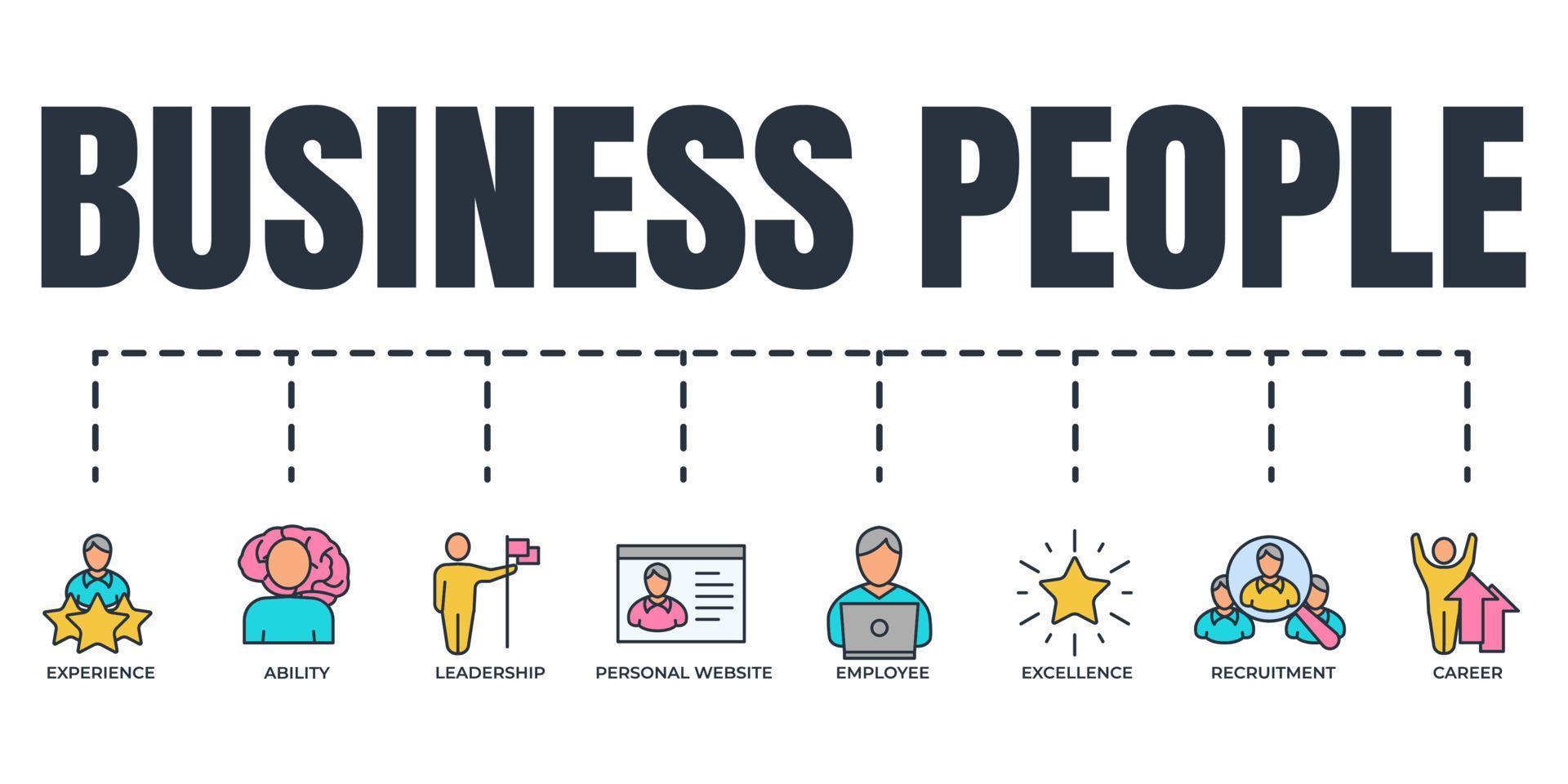 conjunto de iconos web de banner de gente de negocios. excelencia, habilidad, empleado, reclutamiento, carrera, sitio web personal, experiencia, concepto de ilustración de vector de liderazgo.