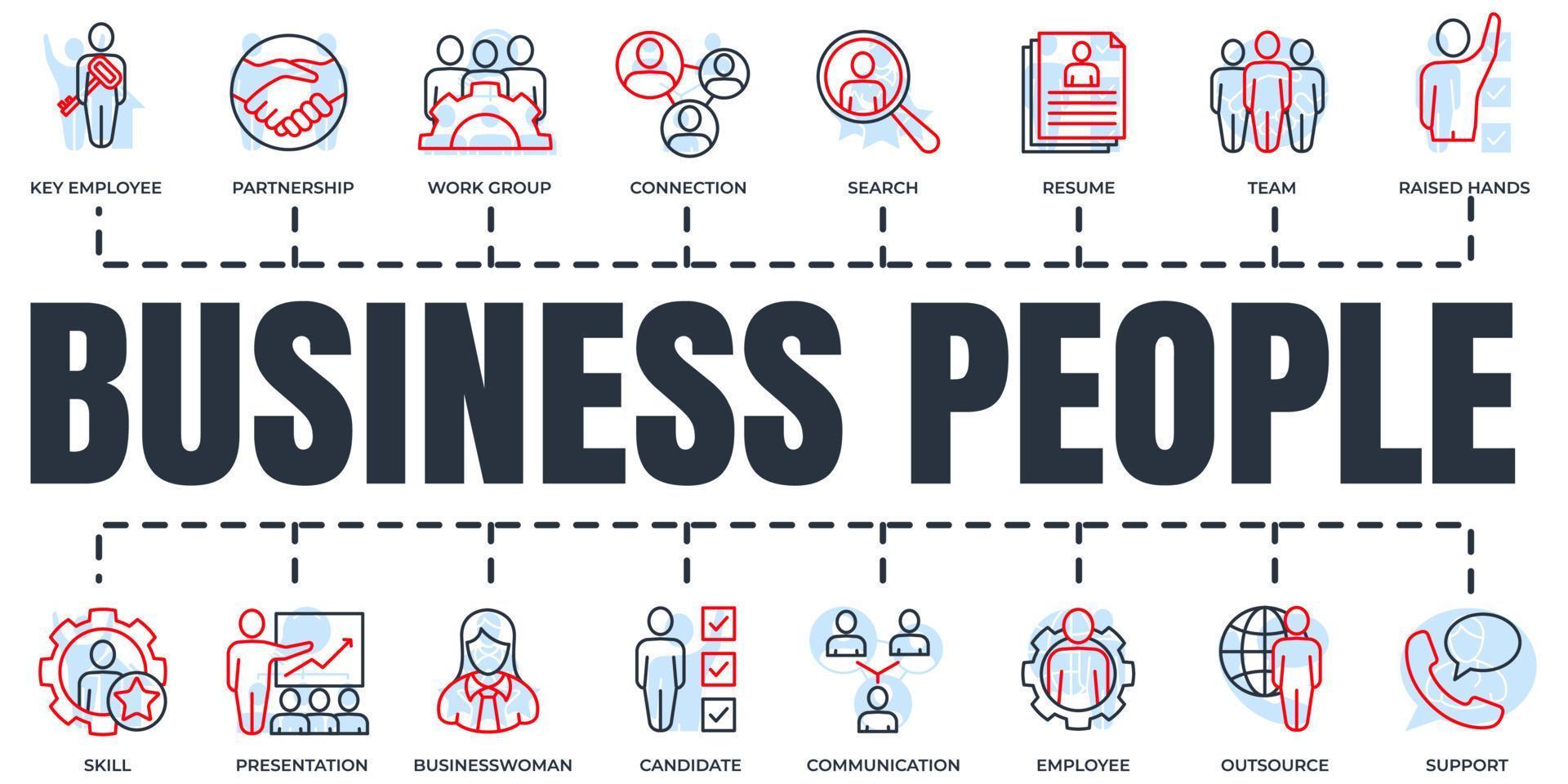 business people banner web icon set. team, search, outsource, support, communication, presentation and more vector illustration concept.