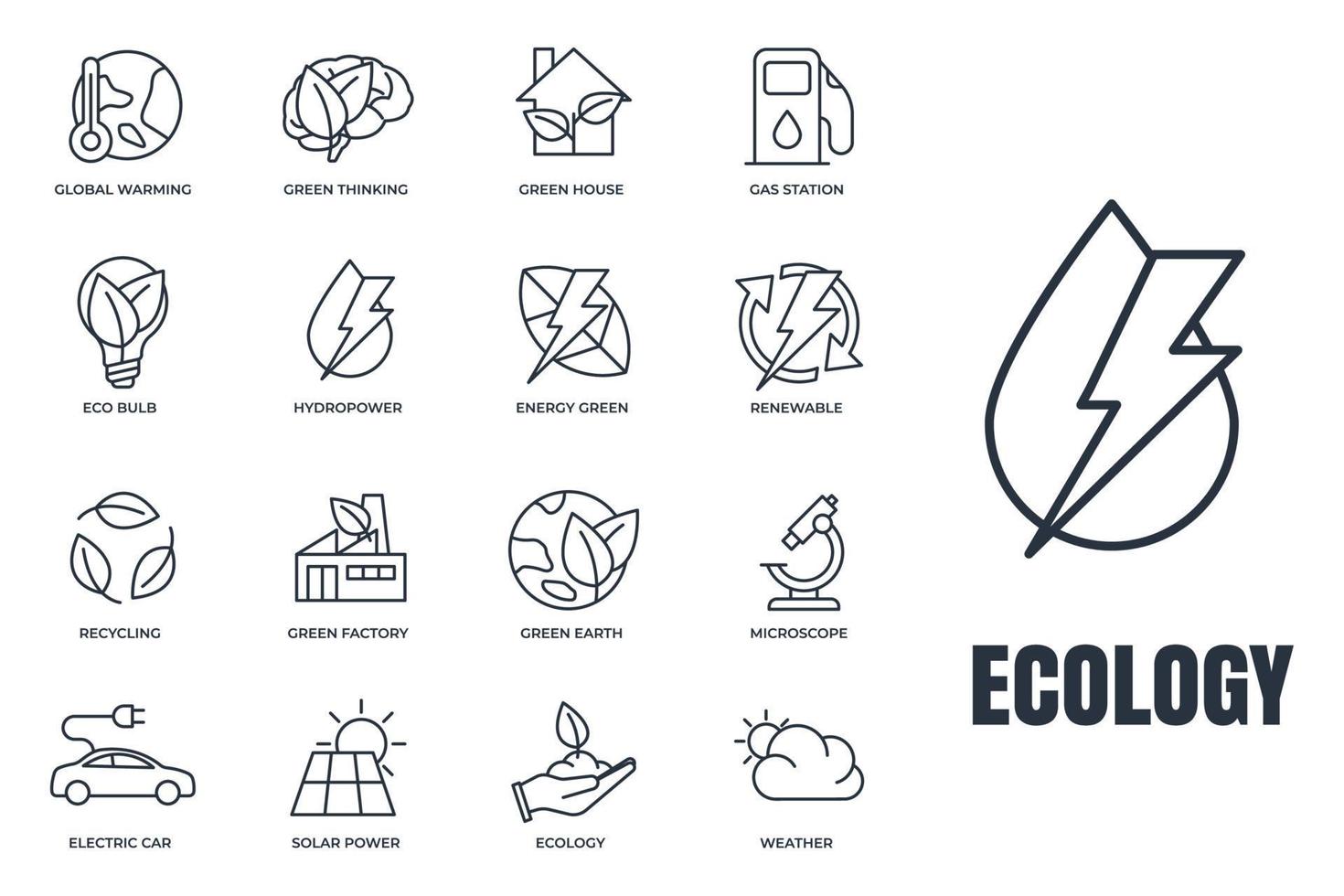 conjunto de ilustración de vector de logotipo de icono de ecología ambiental. paquete ecológico. plantilla de símbolo de casa verde, coche eléctrico, energía hidroeléctrica, etc. para la colección de diseño gráfico y web