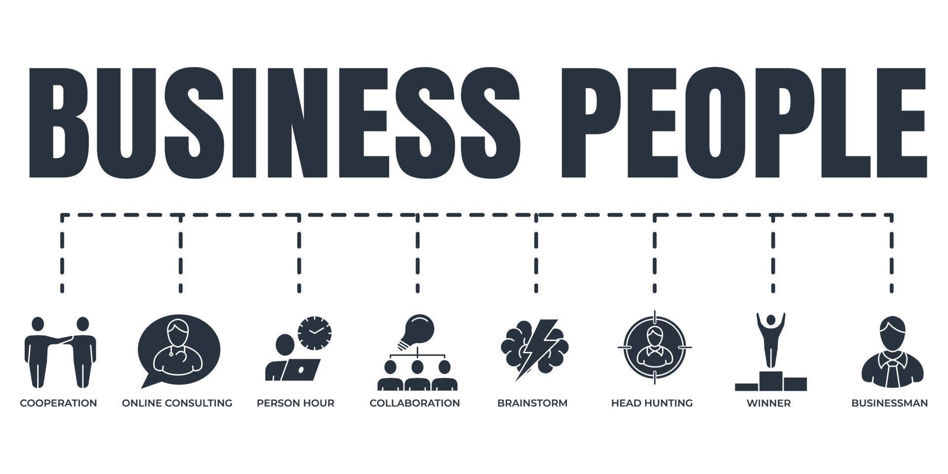 business people banner web icon set. businessman, head hunting, winner, online consulting, collaboration, person hour, brainstorm, cooperation vector illustration concept.
