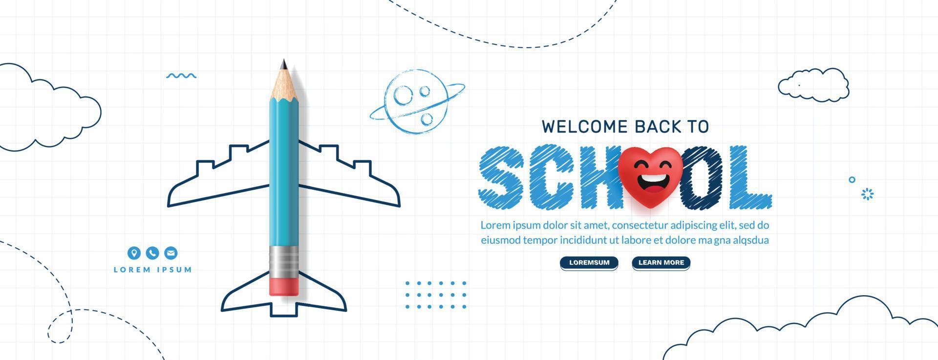 banner horizontal de regreso a la escuela con plano de lápiz de color. plantilla de página web de cursos, aprendizaje y tutoriales en línea. concepto de educación en línea vector