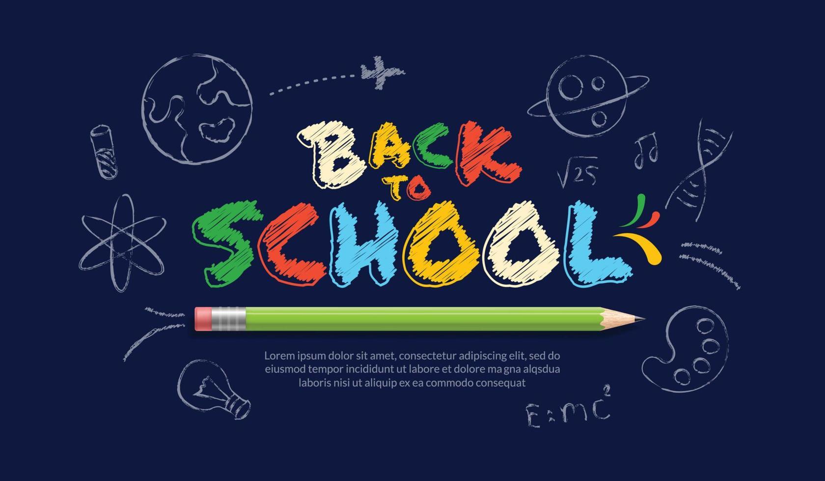 Colorful chalk drawn back to school lettering with realistic pencil background. Online courses, learning and tutorials Web page template. Online education concept vector