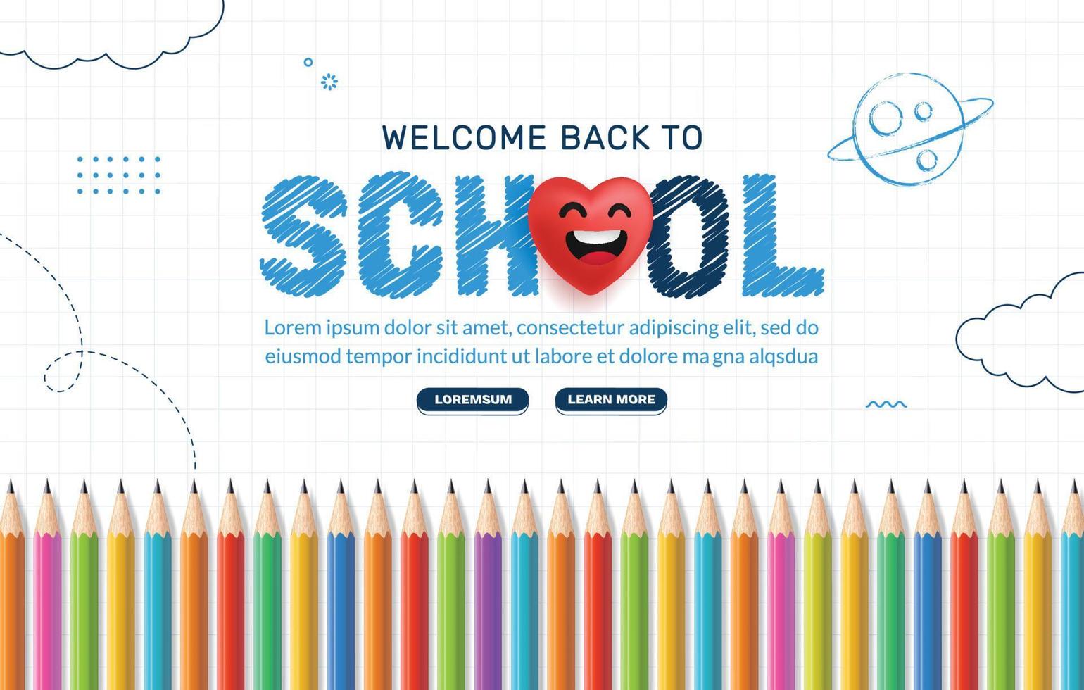 fondo de regreso a la escuela con lápiz de color. plantilla de página web de cursos, aprendizaje y tutoriales en línea. concepto de educación en línea vector