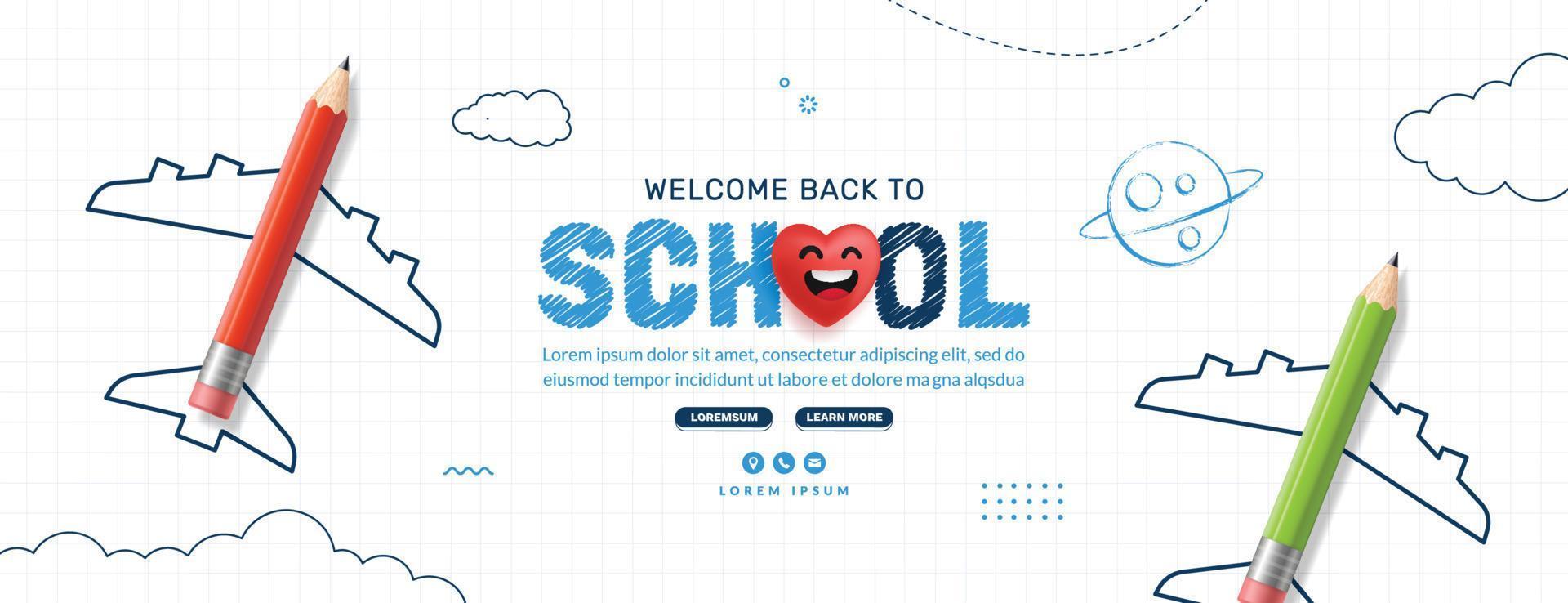 banner horizontal de regreso a la escuela con plano de lápiz de color. plantilla de página web de cursos, aprendizaje y tutoriales en línea. concepto de educación en línea vector