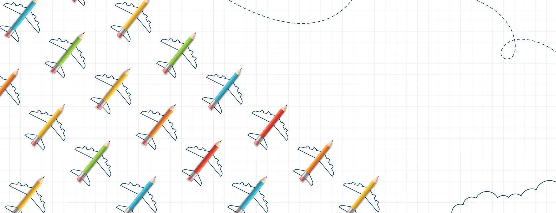 Back to School banner with colored pencil plane flying, Online courses