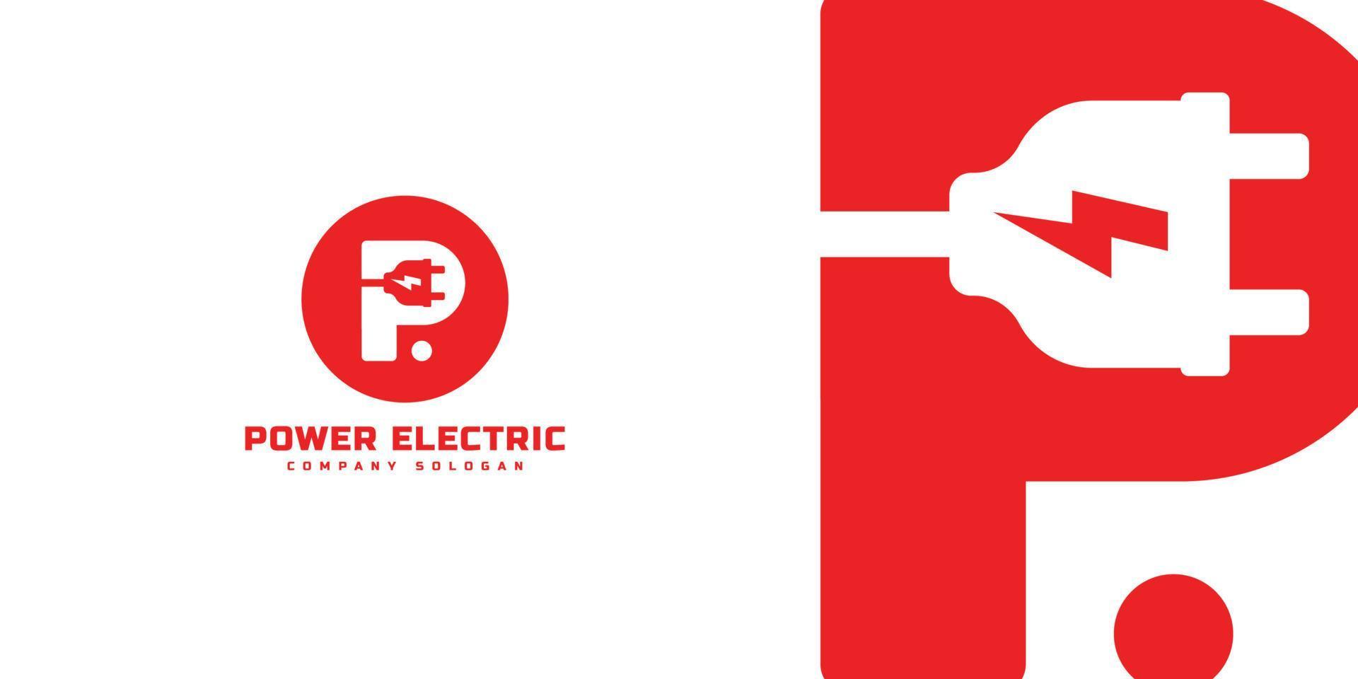 logotipo inicial de la letra p con cable de enchufe en el interior. logotipo de letras diseño de espacio negativo, identidad de marca de electricidad, ilustración de vector de tipografía de logotipo de enchufe