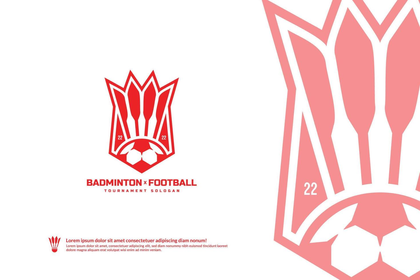 Logotipo del club de bádminton y fútbol, concepto de logotipo de torneos deportivos. identidad del equipo del club aislada sobre fondo blanco, bádminton y fútbol combinación símbolo diseño vector ilustración