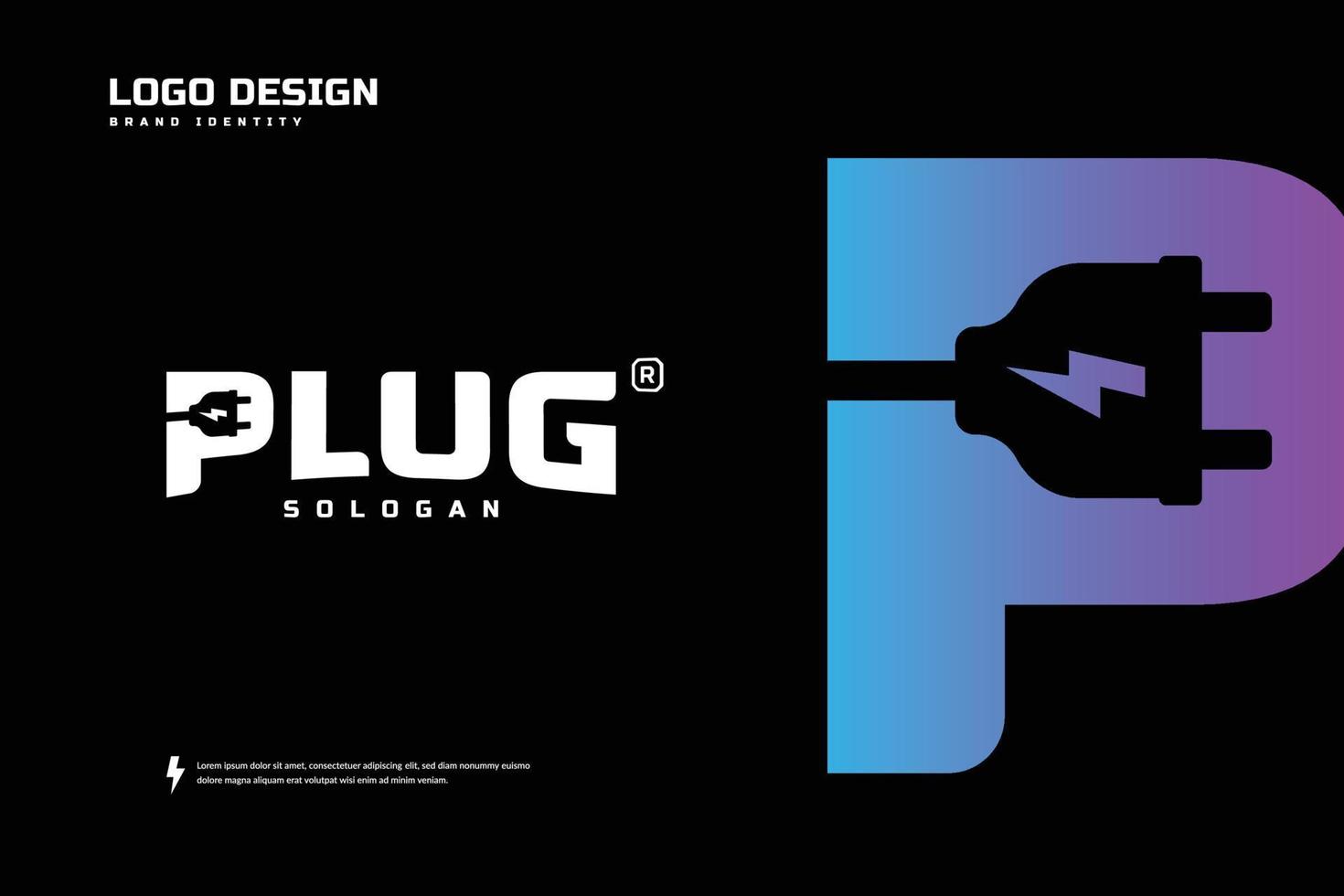 Initial letter P logo with plug cable inside. Lettering logo negative space design, Electricity brand identity, Plug logo typeface vector illustration