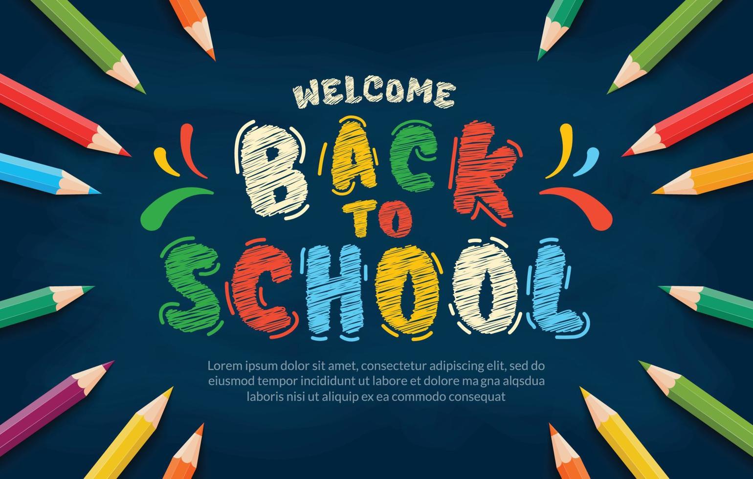 Chalk drawn back to school lettering with colored penicls background. Online courses, learning and tutorials Web page template. Online education concept vector