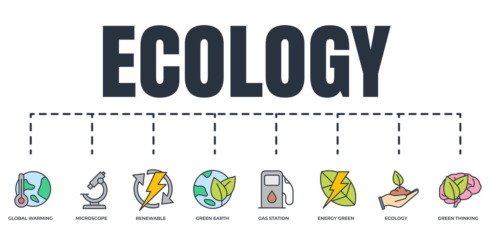 Respetuoso del medio ambiente. conjunto de iconos web de banner de ecología de sostenibilidad ambiental. tierra, energía verde, gasolinera, calentamiento global, energía renovable, pensamiento verde, ecología, ilustración de vector de microscopio