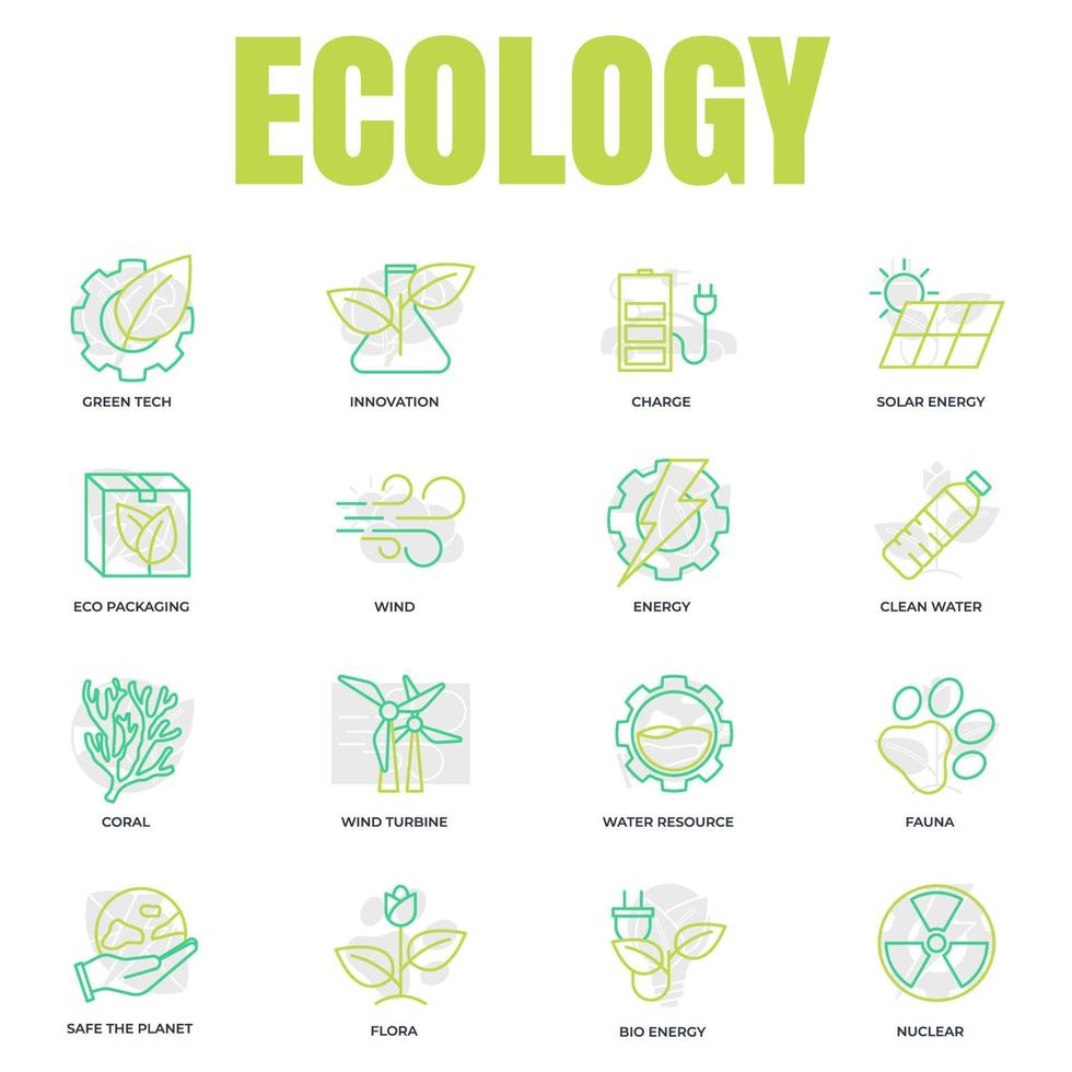 conjunto de ilustración de vector de logotipo de icono de ecología ambiental. paquete ecológico. plantilla de símbolo de energía solar, turbina eólica, nuclear, recursos hídricos, etc. para la colección de diseño gráfico y web