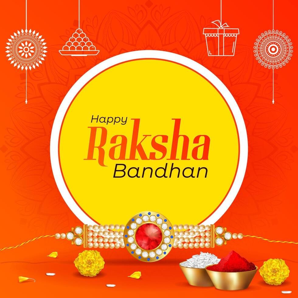 indian raksha bandhan festival greetings rakhi illustration with kumkum rice grains and marigold flowers vector