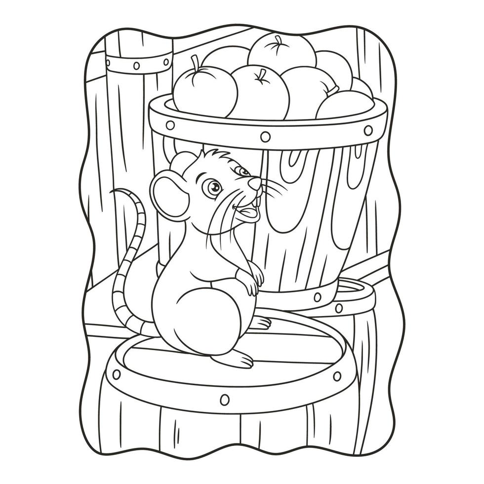 cartoon illustration a mouse standing on a pile of barrels filled with fruit in the warehouse book or page for kids black and white vector