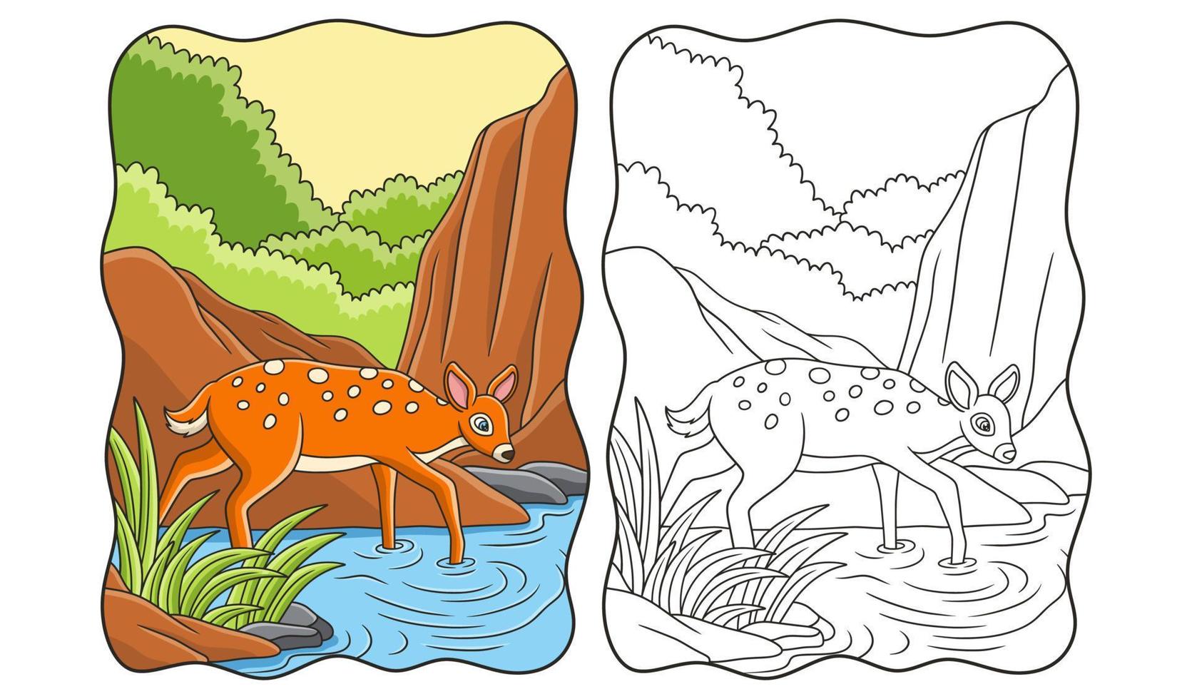 cartoon illustration deer walking by the river to find food near the cliff book or page for kids vector