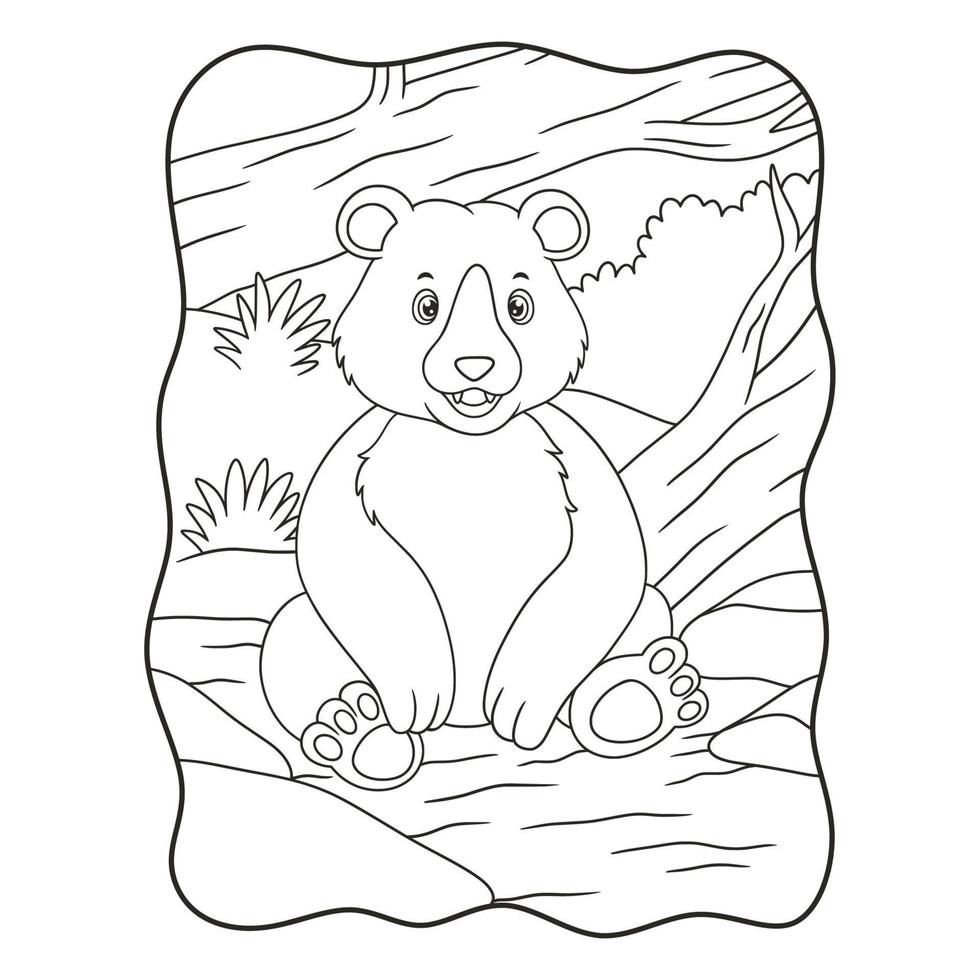 cartoon illustration The bear is sitting under the trunk of a big fallen tree in the middle of the forest book or page for kids black and white vector
