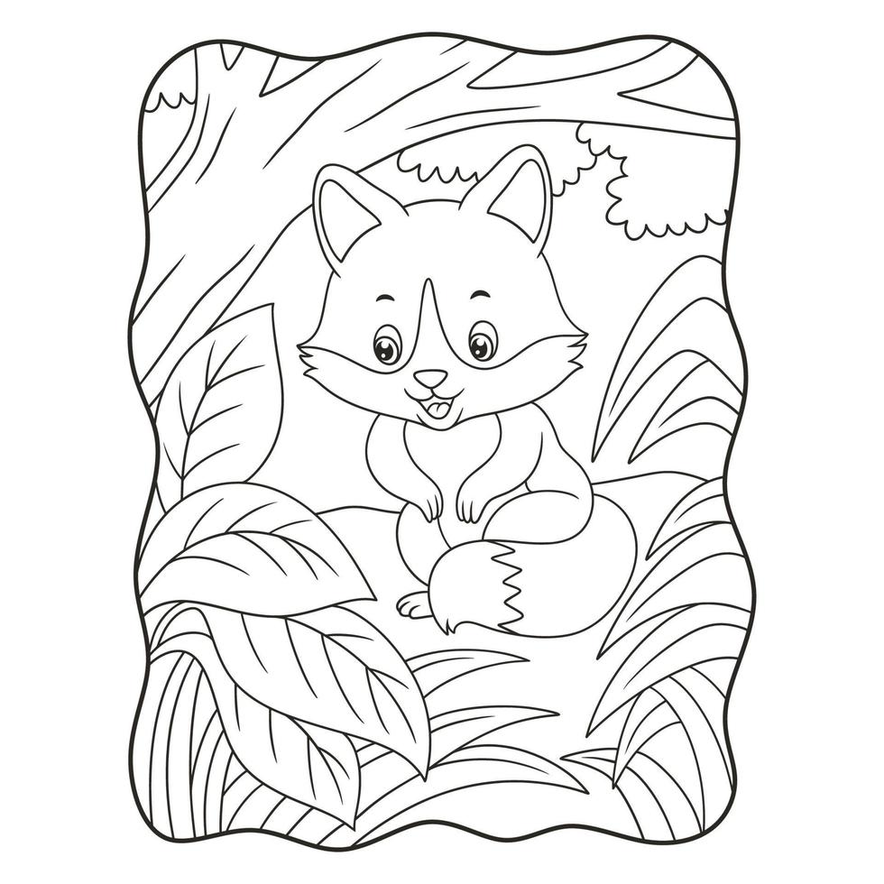 cartoon illustration a fox sitting under a big tree in the middle of the forest book or page for kids black and white vector