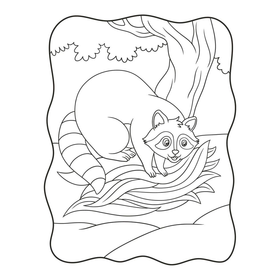 cartoon illustration The raccoon is gathering leaves from a big tree to make a nest for it to live in book or page for kids black and white vector