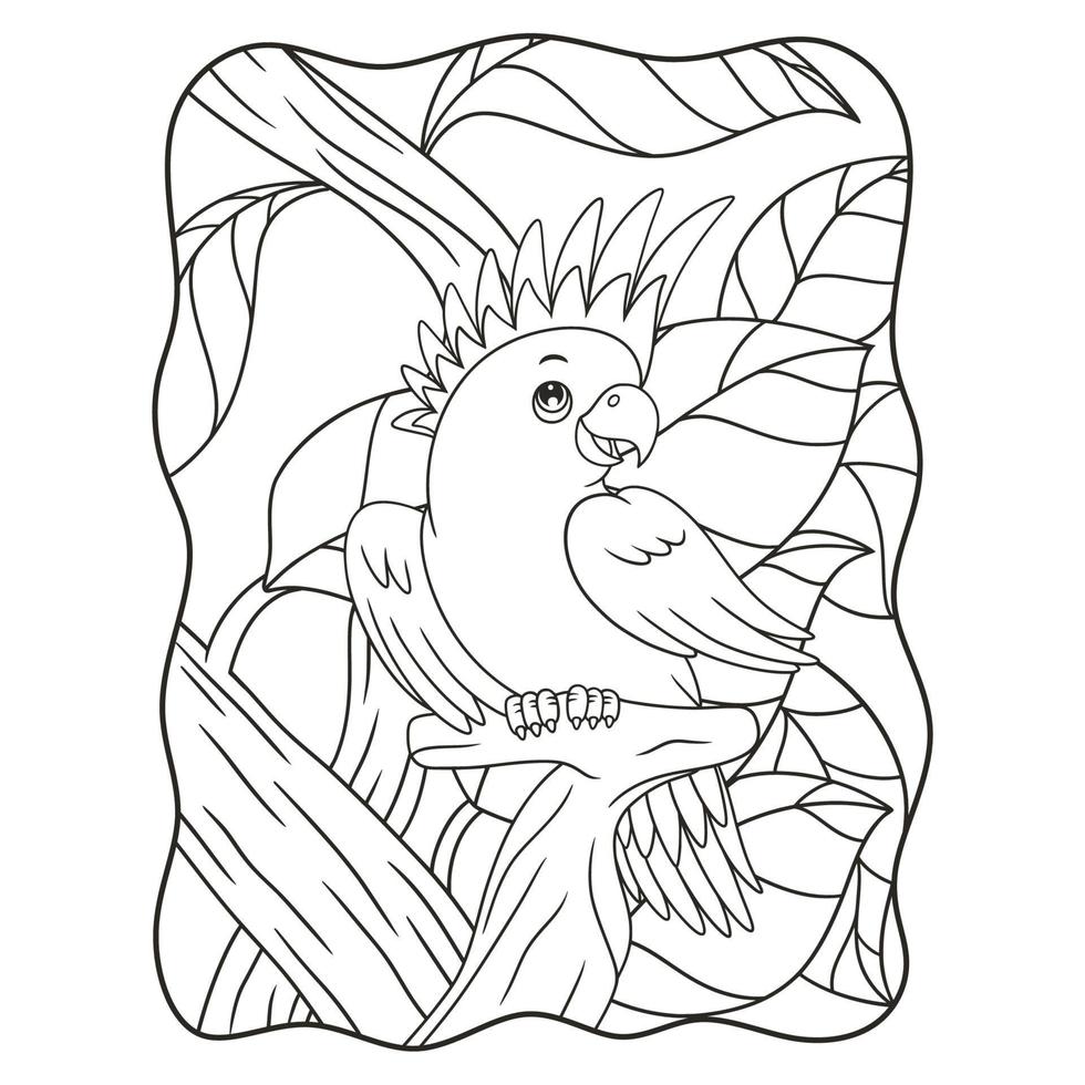 cartoon illustration white parrot is perched coolly on one of the tree trunks and showing its beauty to attract females book or page for kids black and white vector