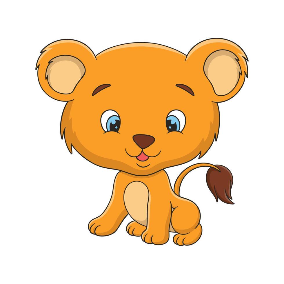 cartoon illustration a lion cub sitting proudly on a cliff under a big tree in the middle of the fores vector