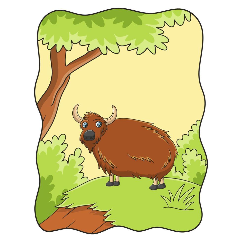 cartoon illustration a goat is walking in the middle of the meadow under a tree looking for food vector