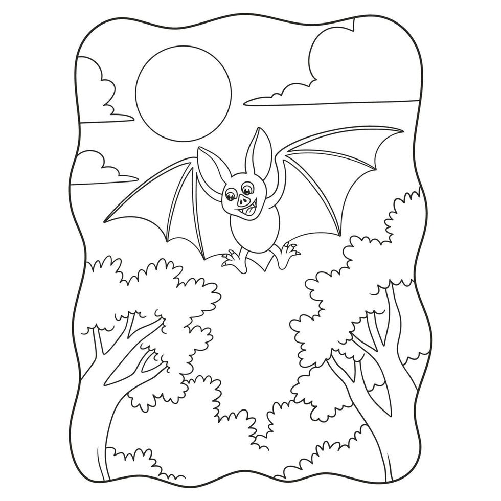 cartoon illustration a view from under the bats flying at night in the forest with the moon shining brightly book or page for kids black and white vector