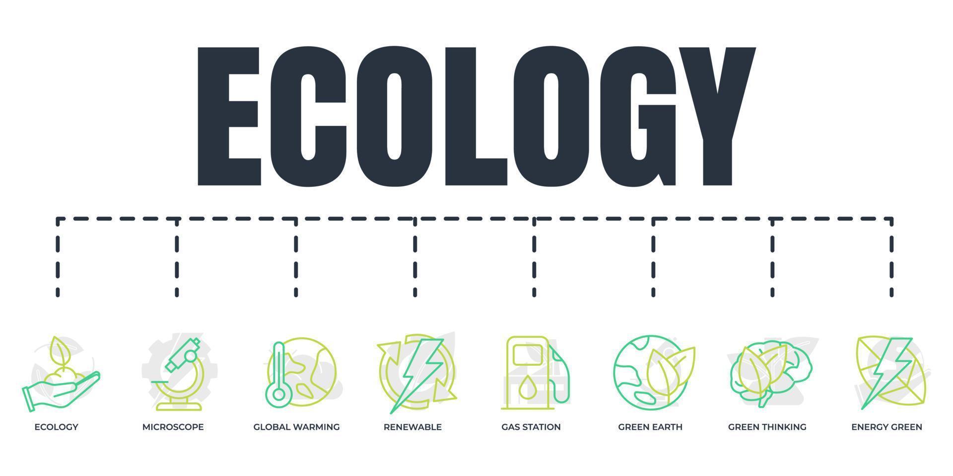 Respetuoso del medio ambiente. conjunto de iconos web de banner de ecología de sostenibilidad ambiental. tierra, energía verde, gasolinera, calentamiento global, energía renovable, pensamiento verde, ecología, ilustración de vector de microscopio