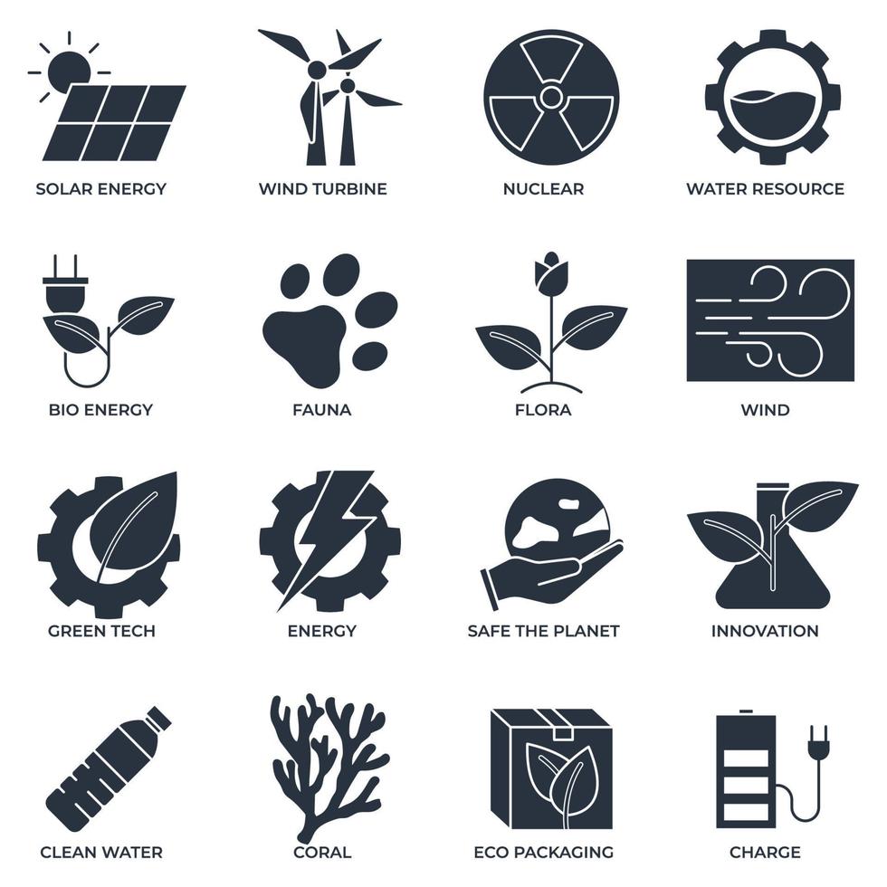 conjunto de ilustración de vector de logotipo de icono de ecología ambiental. paquete ecológico. plantilla de símbolo de energía solar, turbina eólica, nuclear, recursos hídricos, etc. para la colección de diseño gráfico y web