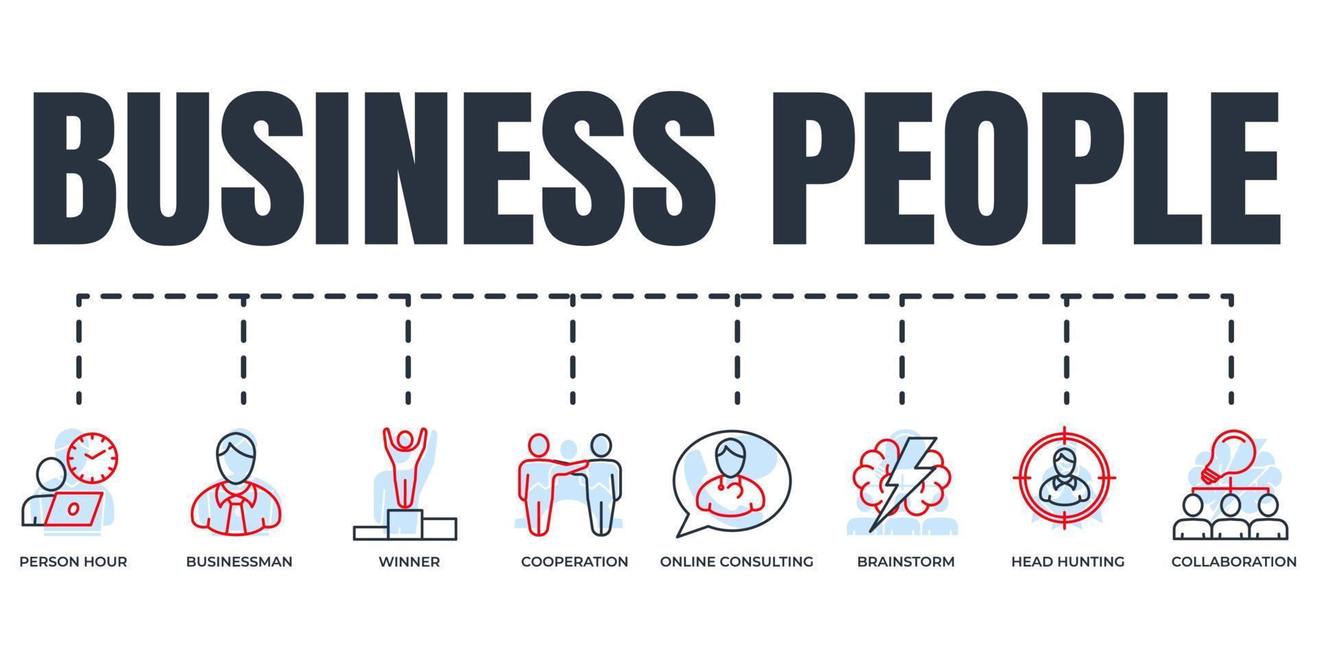 business people banner web icon set. businessman, head hunting, winner, online consulting, collaboration, person hour, brainstorm, cooperation vector illustration concept.