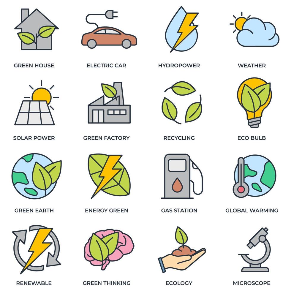 conjunto de ilustración de vector de logotipo de icono de ecología ambiental. paquete ecológico. plantilla de símbolo de casa verde, coche eléctrico, energía hidroeléctrica, etc. para la colección de diseño gráfico y web