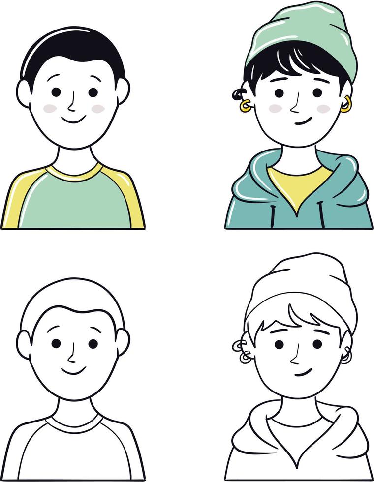 Minimal Face Boy. Simple male character face or profile in outline and saturated color. vector