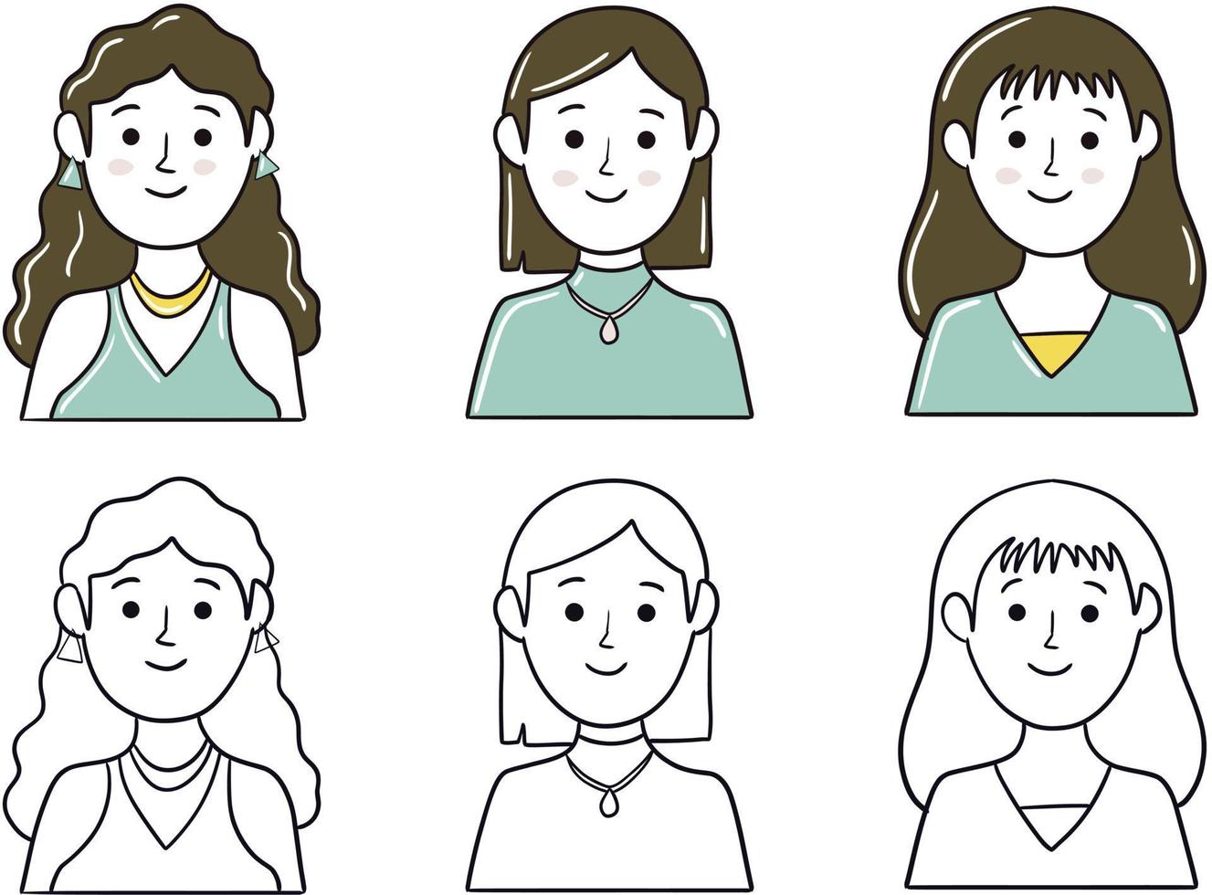 Minimal Face Girl. Simple female character face or profile in outline and saturated color. vector
