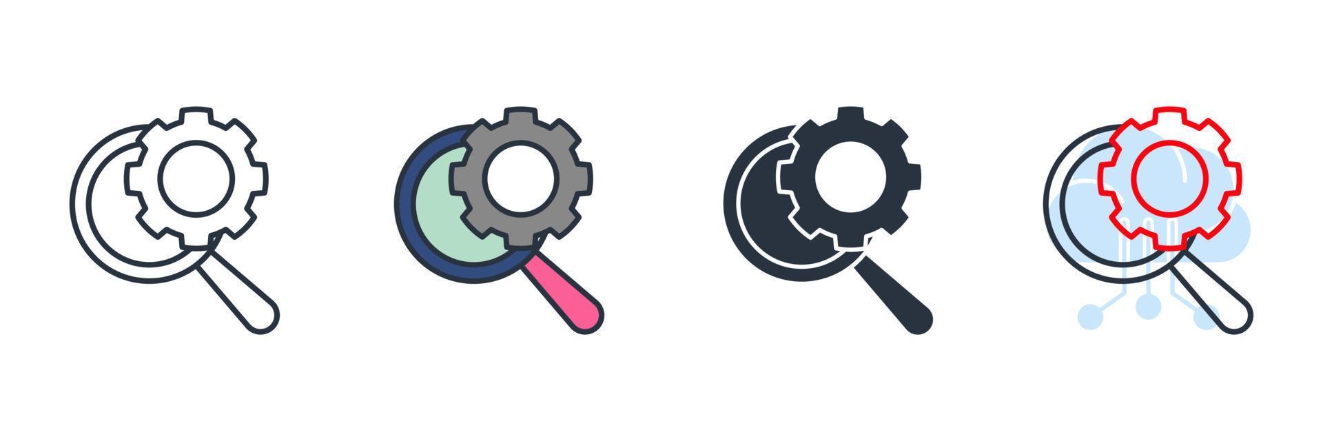 Ilustración de vector de logotipo de icono de optimización. rueda de engranajes y plantilla de símbolo de lupa para la colección de diseño gráfico y web