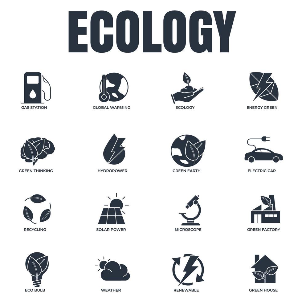 conjunto de ilustración de vector de logotipo de icono de ecología ambiental. paquete ecológico. plantilla de símbolo de casa verde, coche eléctrico, energía hidroeléctrica, etc. para la colección de diseño gráfico y web