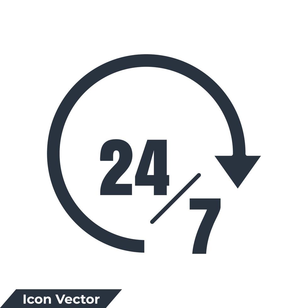 Ilustración de vector de logotipo de icono de disponibilidad. Plantilla de símbolo de servicio las 24 horas, los 7 días de la semana para la colección de diseño gráfico y web