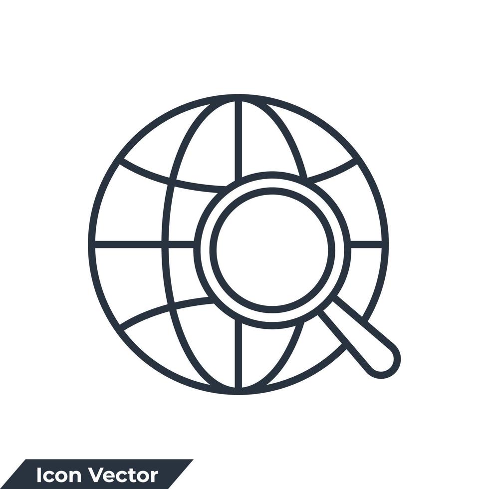 global data icon logo vector illustration. globe with magnifying glass symbol template for graphic and web design collection