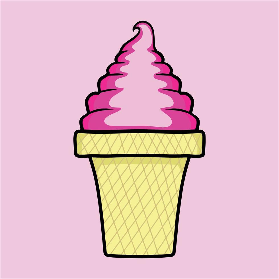 pink ice cream on waffle cone vector
