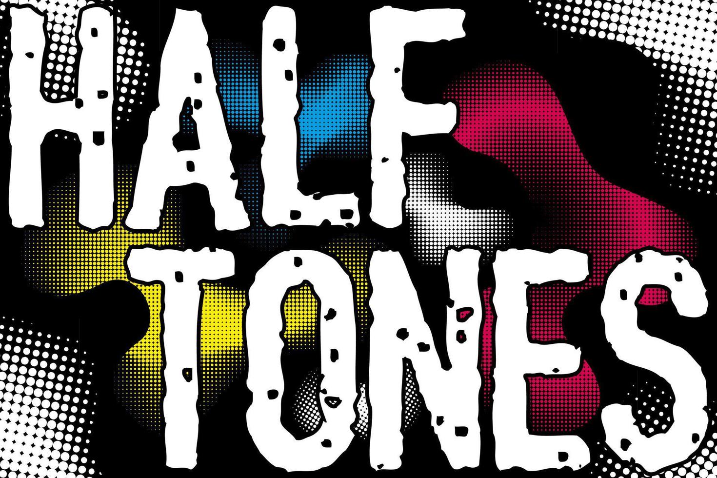 Halftone design elements, dotted abstract patterns. Isolated on black background. CMYK colors. vector