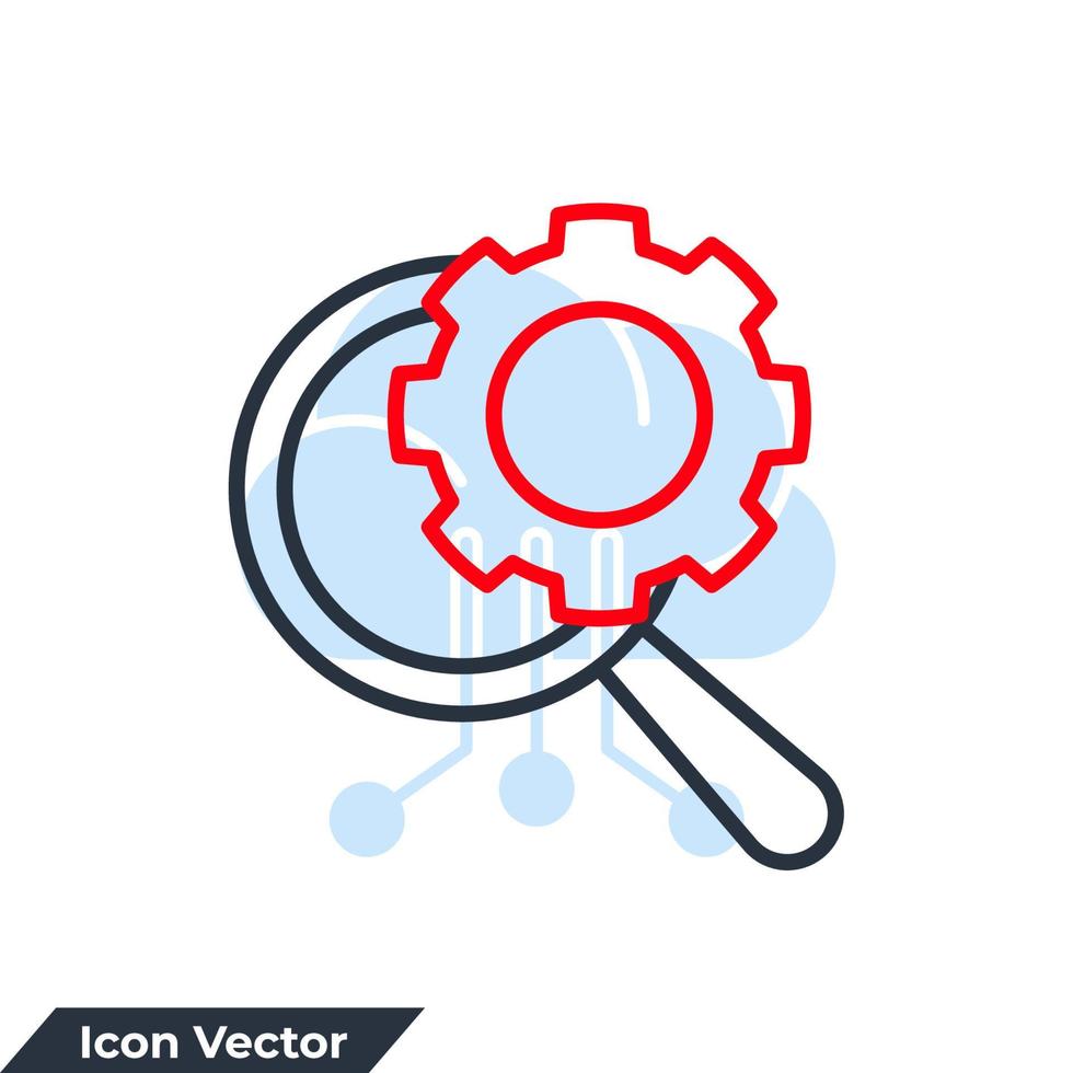 optimization icon logo vector illustration. Gears wheel and magnifying glass symbol template for graphic and web design collection